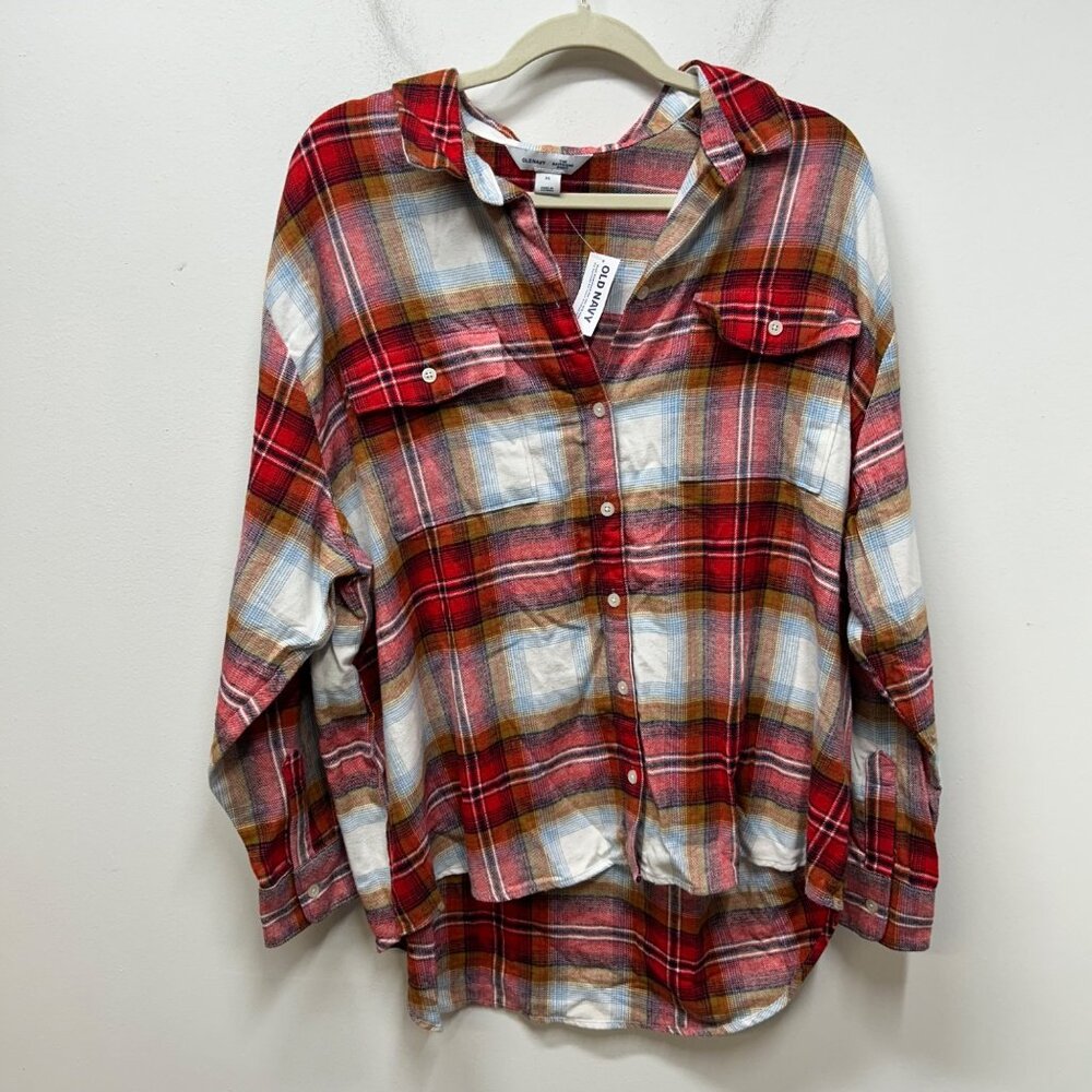 NWT Old Navy the boyfriend shirt plaid button down red tan XL